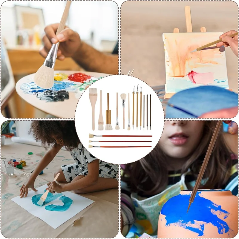 AK51- Brushes Set,15Pcs Wooden Acrylic Paintbrushes Pottery Glaze Tool Supplies Art Accessorie For Watercolor Painting
