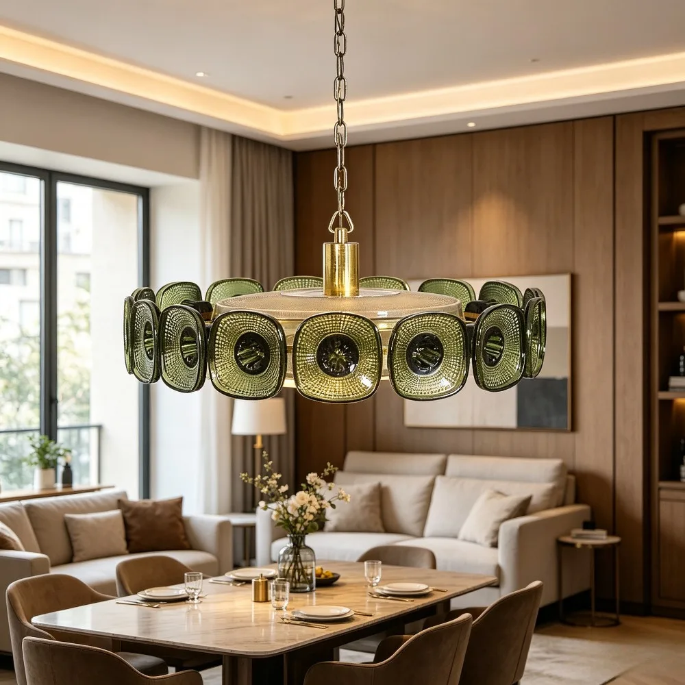 Vintage Glass Petal Chandelier for Living Room Dining Room French Green Cear Glass Hanging Pendant Chandelier Lights Bedroom