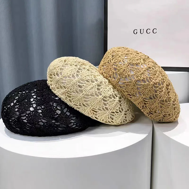 Straw Beret for Women Fresh Style Hollow Out Design Breathable Thin Spring Summer Artist Style Lightweight Casual Fashion