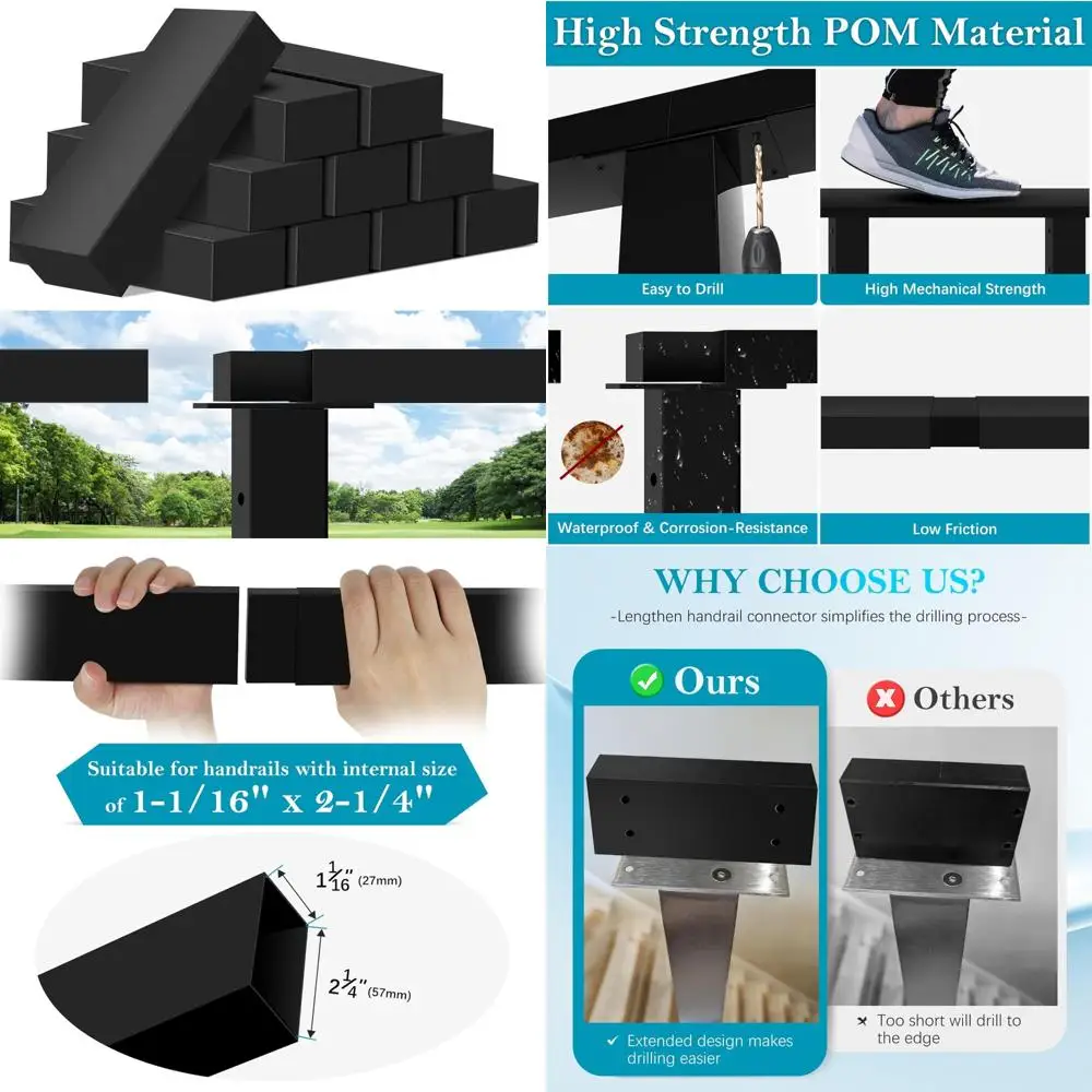 Black Extension Connectors for Stainless Steel Flat Handrails - Rectangular Rail Fittings for Top Cable Railing Systems, High St