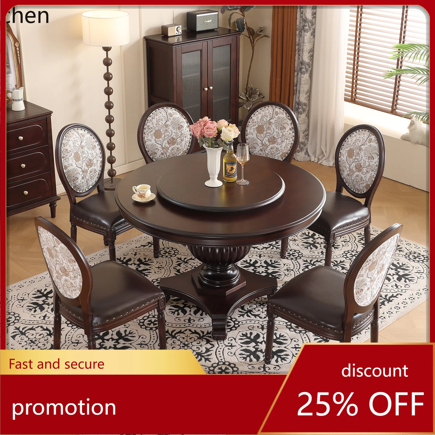 ZML Solid Wood Household Round Table with Turntable Vintage Round Dining Table and Chair Set