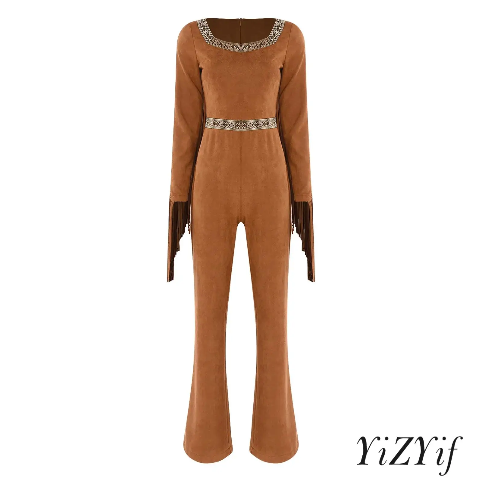 

Women Vintage Style Bodysuit with Fringe Accents And Flexible Construction Complete Primitive Jumpsuit Outfit for Festive Events