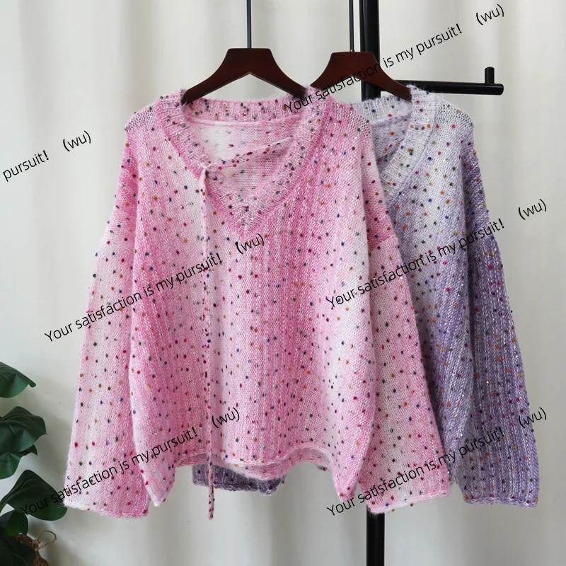 เสื้อสเวตเตอร์ถักลายจุดสีสันสดใส เนื้อผ้านุ่ม ประดับเลื่อมแบบแวววาว ทรงหลวมบางเบา เสื้อสวมหัวสำหรับผู้หญิง