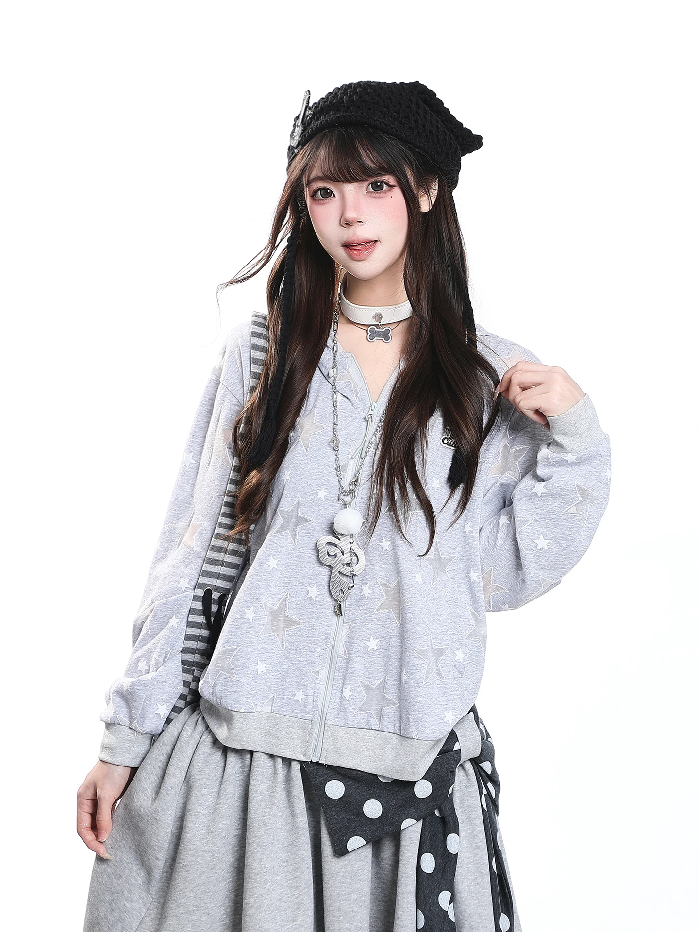 Korean Style Star Print Hooded Summer Lightweight Breathable Loose Fit Zipper Short Coat for Women Casual Fashion Sun Protect...