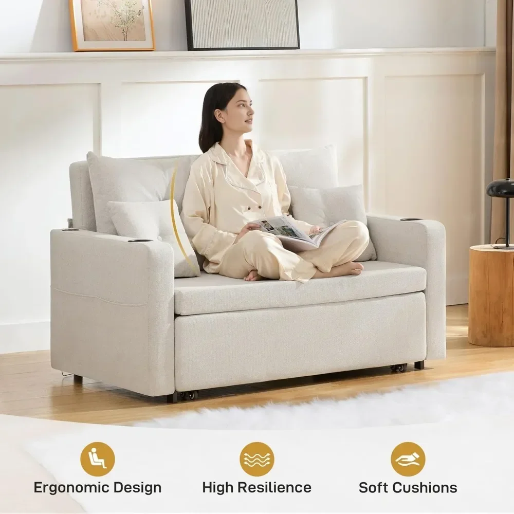 سرير أريكة قابل للتحويل 3 في 1، سرير أريكة نوم بمقعدين مقاس 56 بوصة، سرير أريكة للنوم مع جيب تخزين، USB، سحب مريح