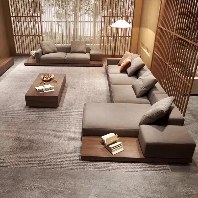 High-quality Living Room Solid Wood Sofas Nordic Fabric Beige Combination Couch Modern Luxury L-shape Modular Sectional Sofa
