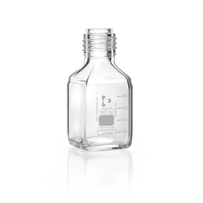 DURAN® Laboratory Bottle Square, clear, with DIN 168-1 thread, graduated, without screw cap and pouring ring