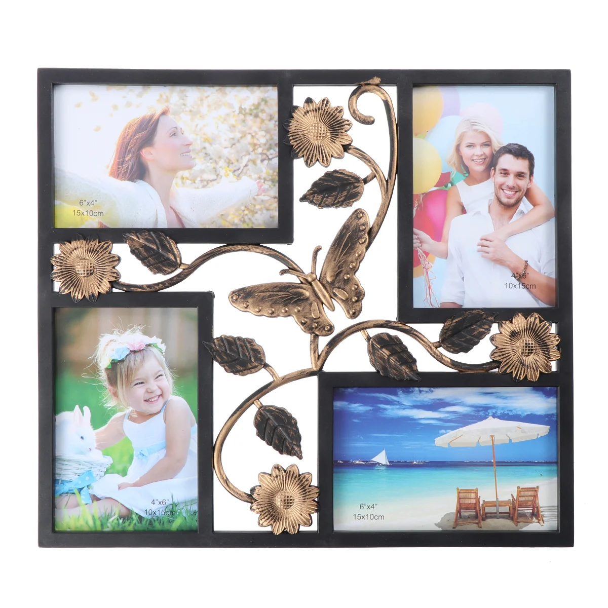 Decorative 4 Opening Wall Hanging Photo Frame with Flowers and Vintage Collage Family Picture Frame(Black)