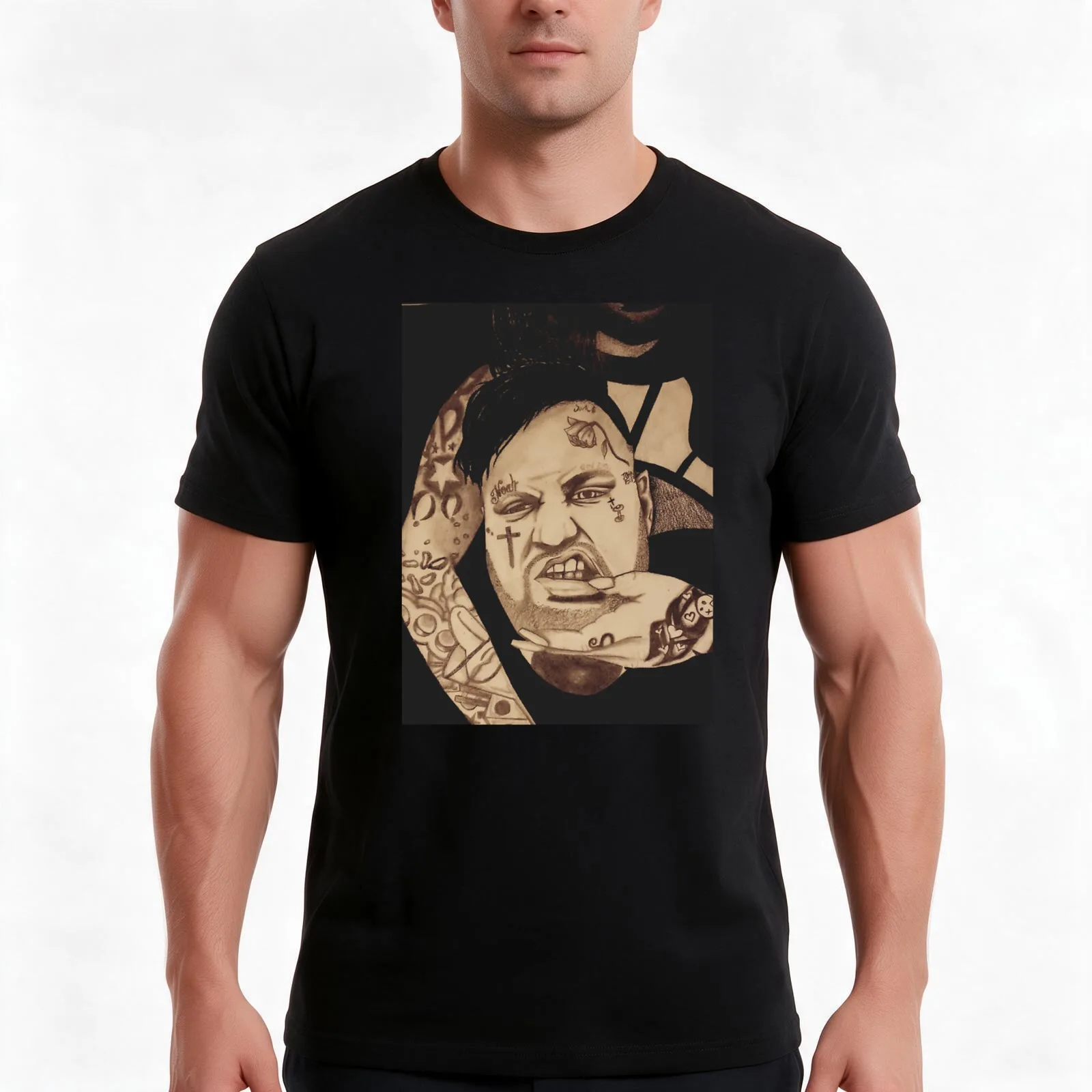 Jelly Roll Hand Drawn Portrait Hardcover Journal T-Shirt, Summer Casual Cotton Tee, Oversized Streetwear Tops, Unisex Men Women
