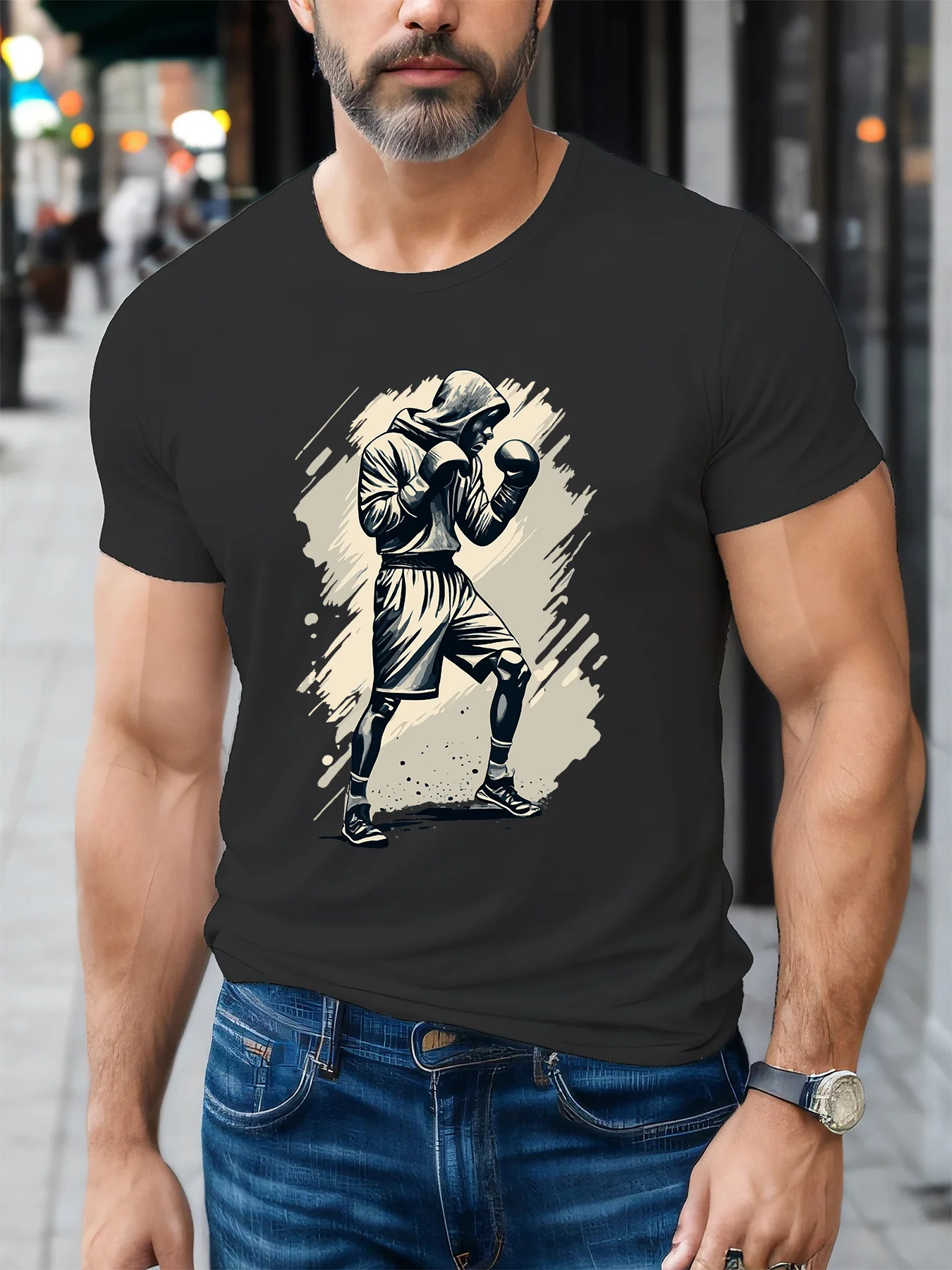 Hooded Boxer Fighter Mens Crew Neck T Shirt Vintage Boxing Athlete Graphic Short Sleeve Tee Training Sports Fan Male Street Tops