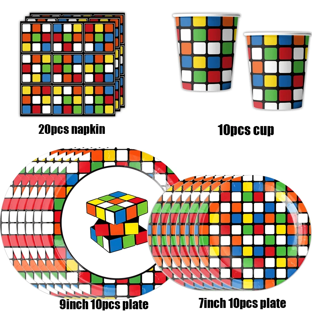 Magic Cube Theme Birthday Party Supplies Disposable Dinnerware Set Block Cup Plate Napkin For Kids Baby Shower Decoration