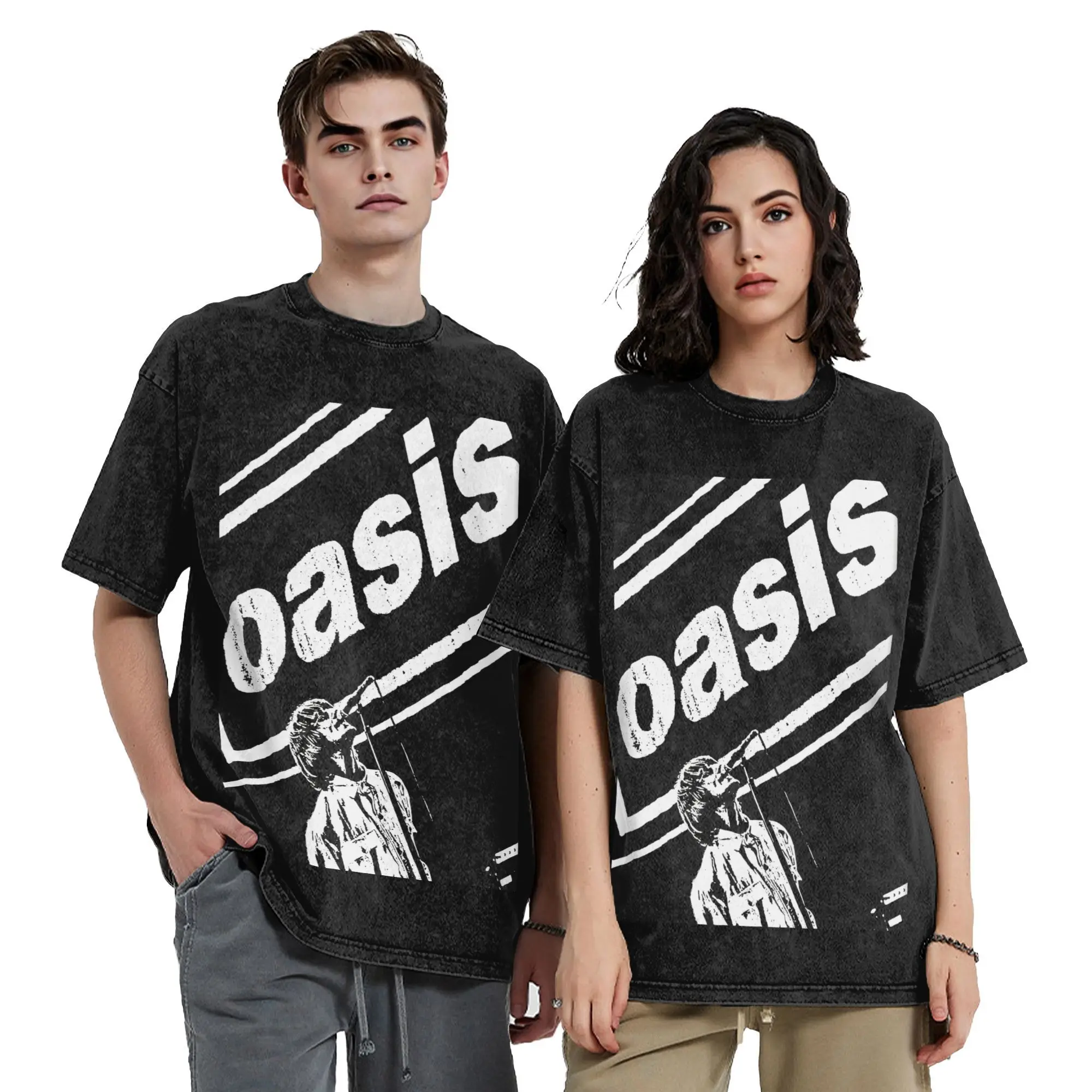 Vintage O-Oasis Rock Music Band  T-Shirts for Men O Neck Pure Cotton Washed T Shirts American Album Tour Short Sleeve Tees Tops