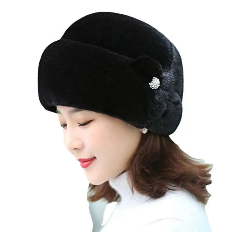 New Mom Style Hat Women\'s Winter Artificial Mink Hair Top Hat Fashion Leather Warm Hat Middle-Aged and Elderly Fur Bag Cap Trend