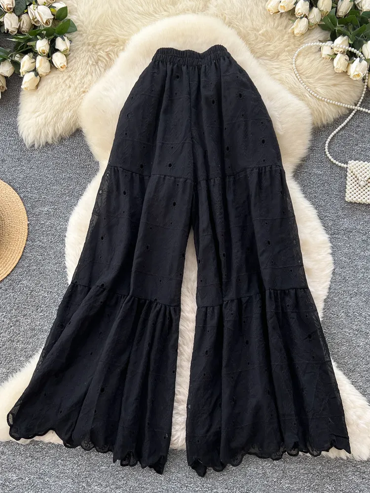Korean Minimalist High Waist White Lace Wide Leg Pants Women Summer Embroidered Hollow Out Casual Long Pants Sweet Fairy Outfits