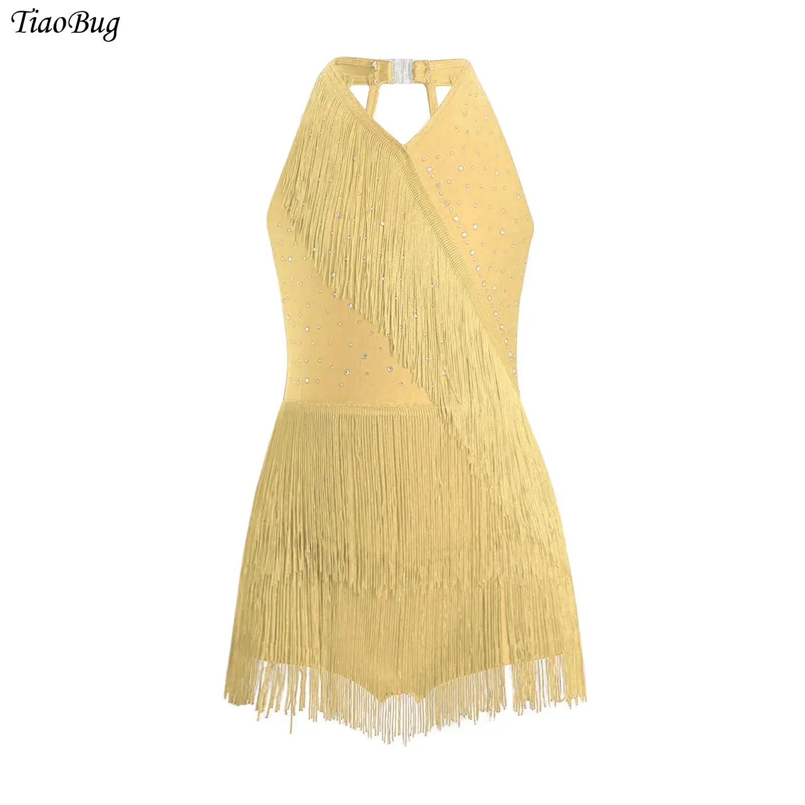 

Girls Tassel Latin Dance Leotard Dress Rhinestones Fringe Tango Cha-cha Samba Salsa Costume Halter Sleeveless Skating Dancewear