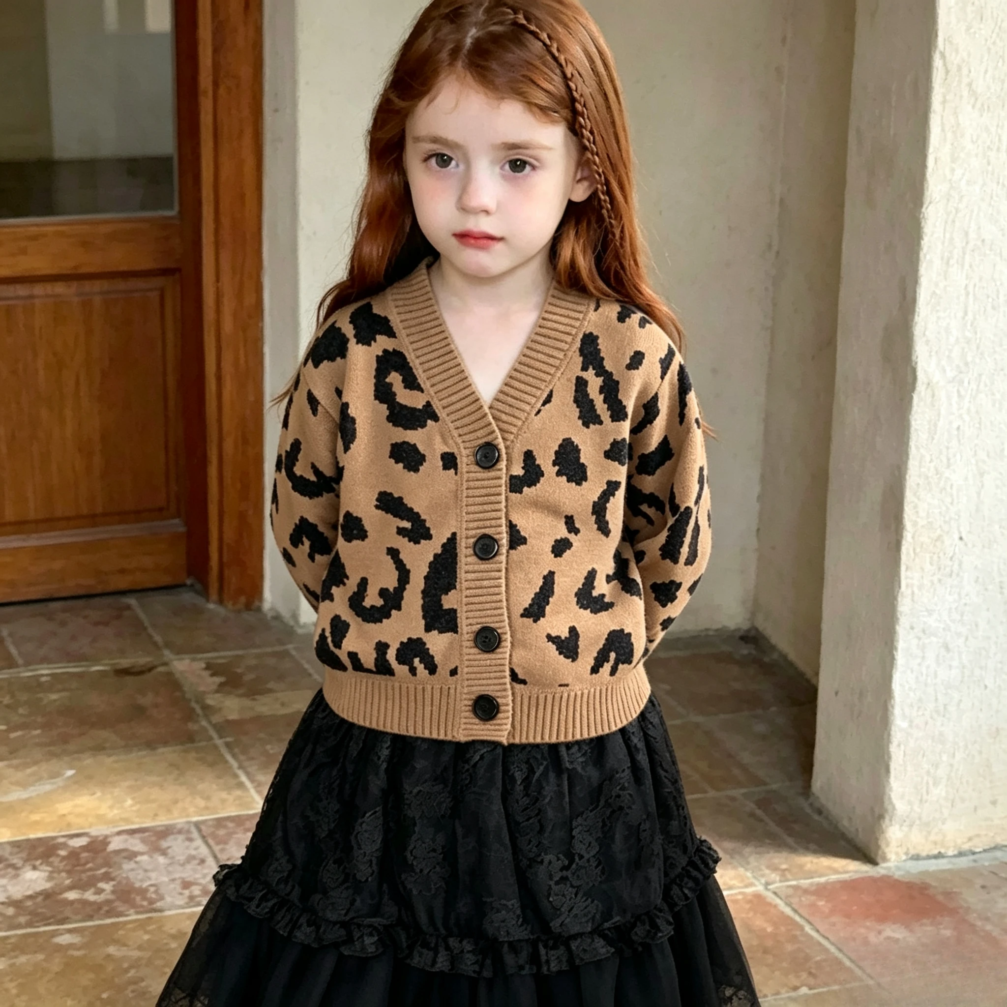 Girls Leopard Cardigan Thick Fleece Fall Winter Outer Wear Stylish Jacket Kids Knit Sweater Versatile