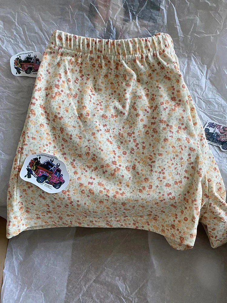 

Women Orange Floral Shorts 2024 Summer Ladies Vintage Cotton Elastic High Waist Straight Shorts Sweet Female Cute Short Pants