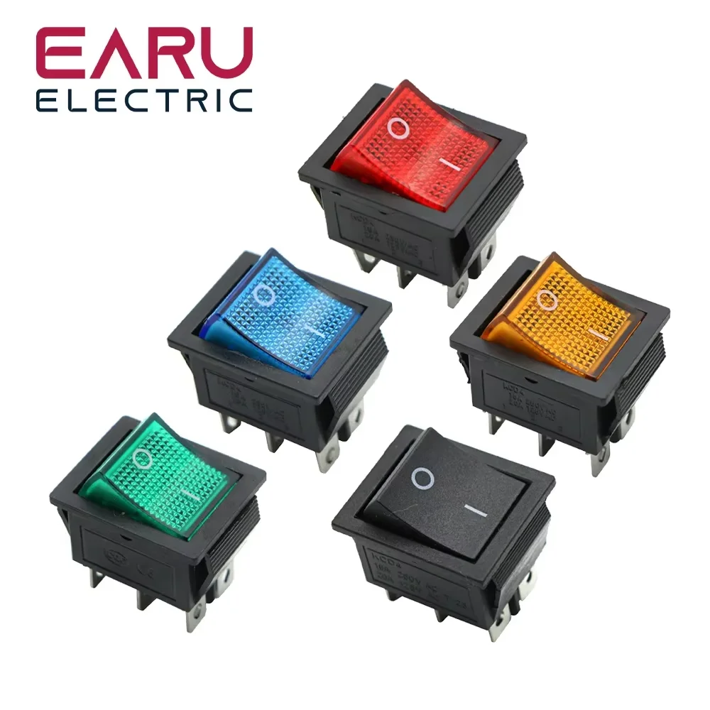 Latching Rocker Switch Power Switch I/O 4 Pins With Light 16A 250VAC 20A 125VAC KCD4 DPST Red Yellow Green Blue Black Boat