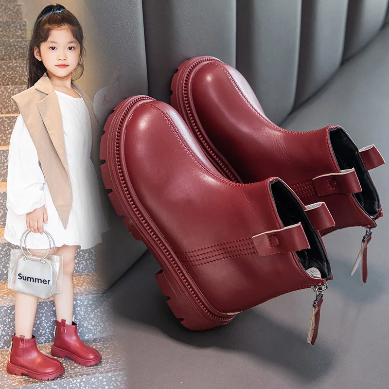 Girls Ankle Boots 2024 Spring Autumn New Fashion Back Zipper Girls Round Toe Leather Boots Children\'s Trendy Platform Shoes Kids