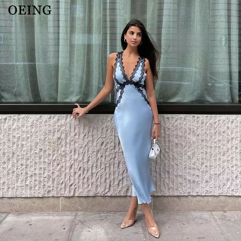 

OEING Fog Blue Prom Dress Simple Deep V-Neck Strapless Pleated Mermaid Evening Dresses Special Occasion Gown Vestidos De Gala