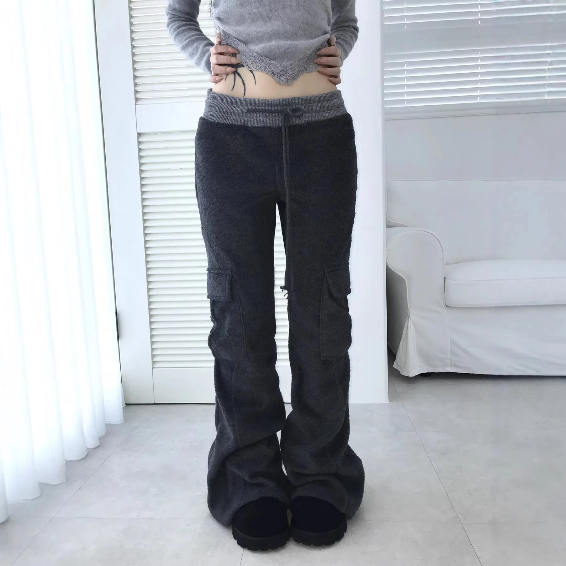 ONE TO WAN American Street Splicing Contrast Workwear Casual Knitted Pants Sexy Low Waist Spicy Girl Daily Pocket Women's Pants
