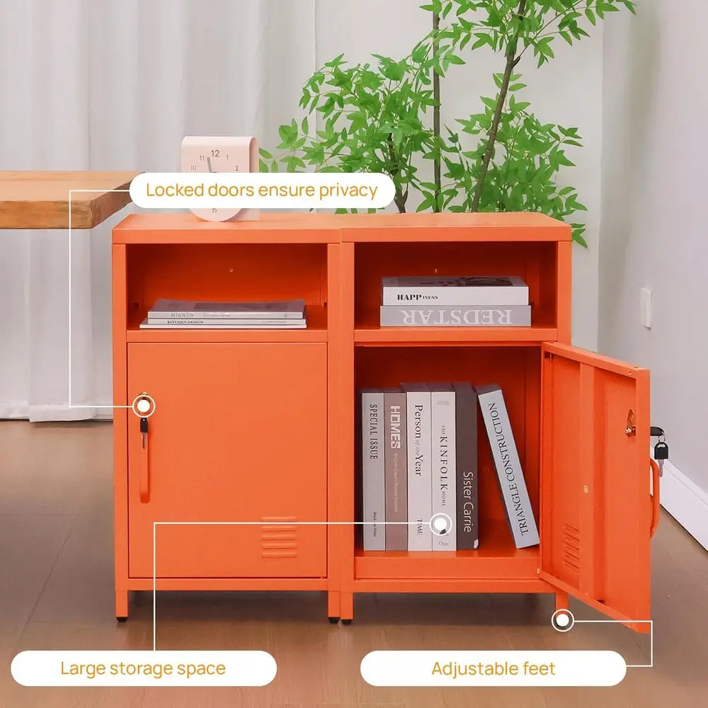 개방형 선반이 있는 현대적인 잠금식 금속 침대 옆 탁자, 가정 또는 사무실용 다용도 사이드 테이블, 오렌지색, 높이 26