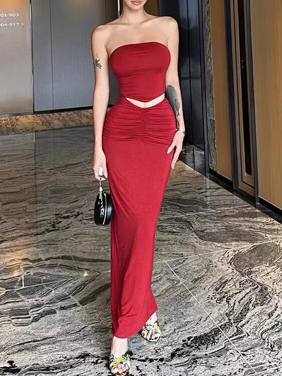 Desire Women Sexy Pure Style Solid Slim Strapless Pleated Top + High Waisted Wrap Hip Slit Long Dress Dwuczęściowy zestaw 58OE