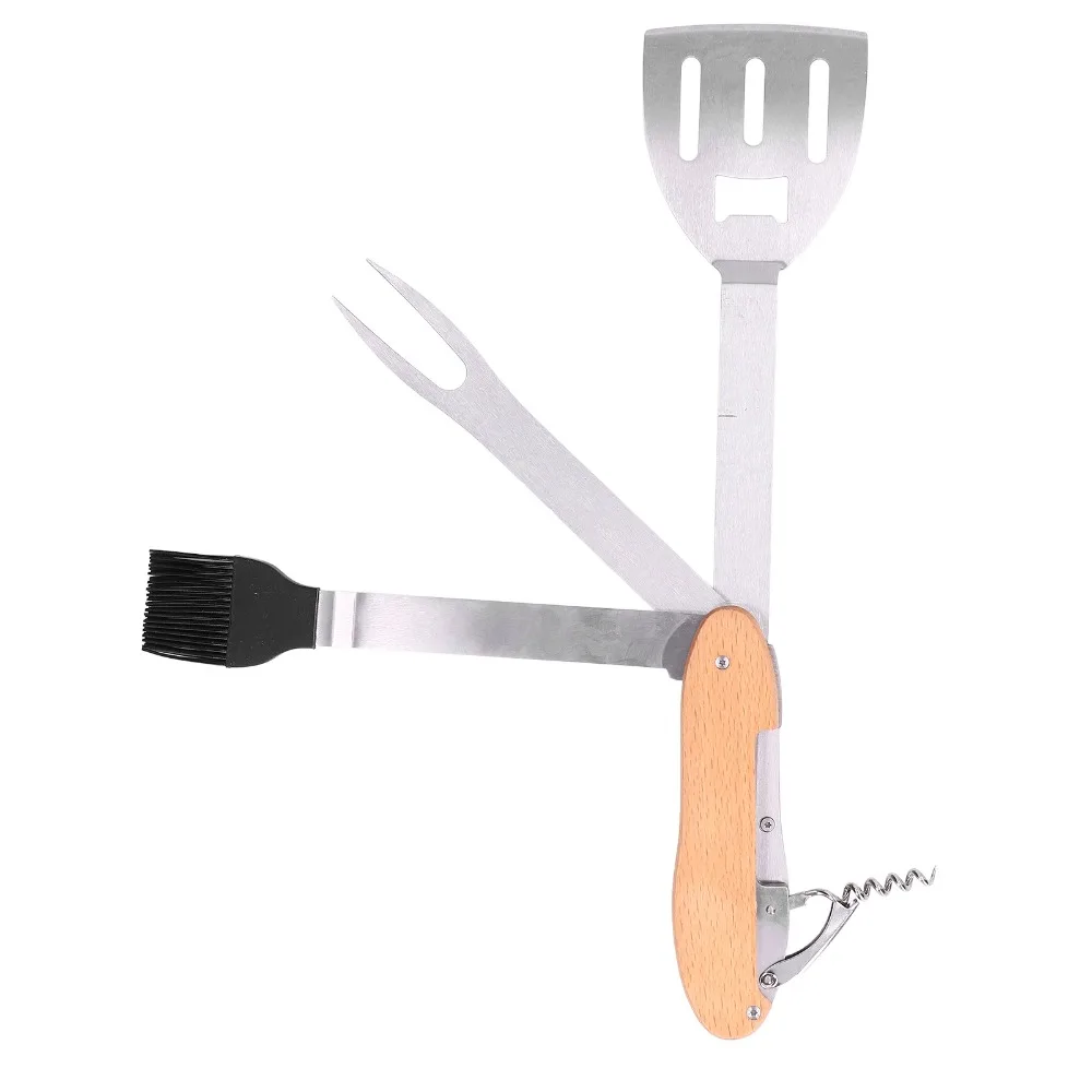 Stainless Steel Composite Wood BBQ Tool Set 5 in 1 Foldable Design Grill Combo Set Portable Silver Wooden Color Black