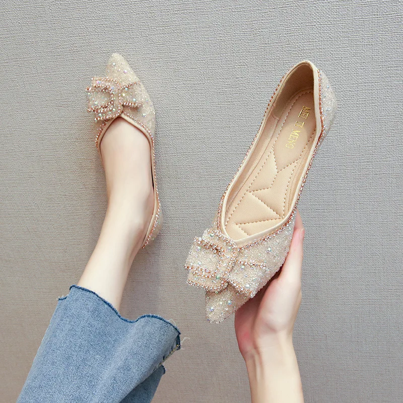 luxury Pointed toe shoes women 2022 new summer shallow rhinestone flat shoes comfortable soft bottom plus size 43 women's shoes