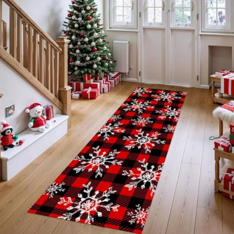 VIKAMA Christmas Snowman Runner Rug Red Tree Snowflake Pattern Non Slip Festive Long Mat For Hallway Entryway Home Decor