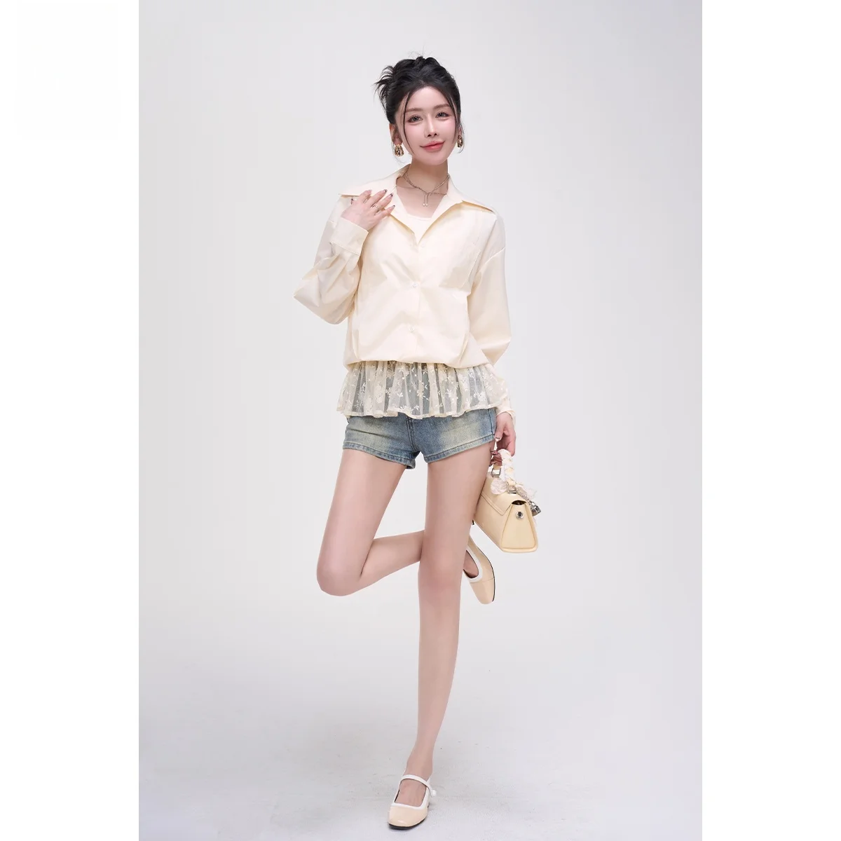 

LADIES FIRST Women's irt French Sle Splice Skirt Design Sense Long Sve Collar Regular Length Pure Color Button