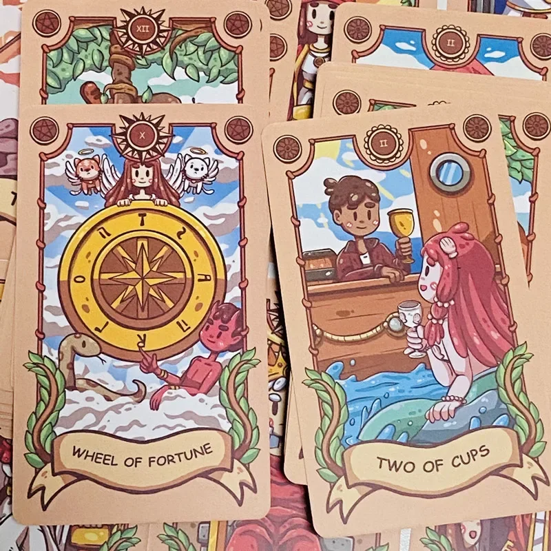 즐거운 여행 타로 카드 79pcs 만화 귀여운 대기 타로 데크 그림 밝기 사랑과 따뜻함을 포용하십시오