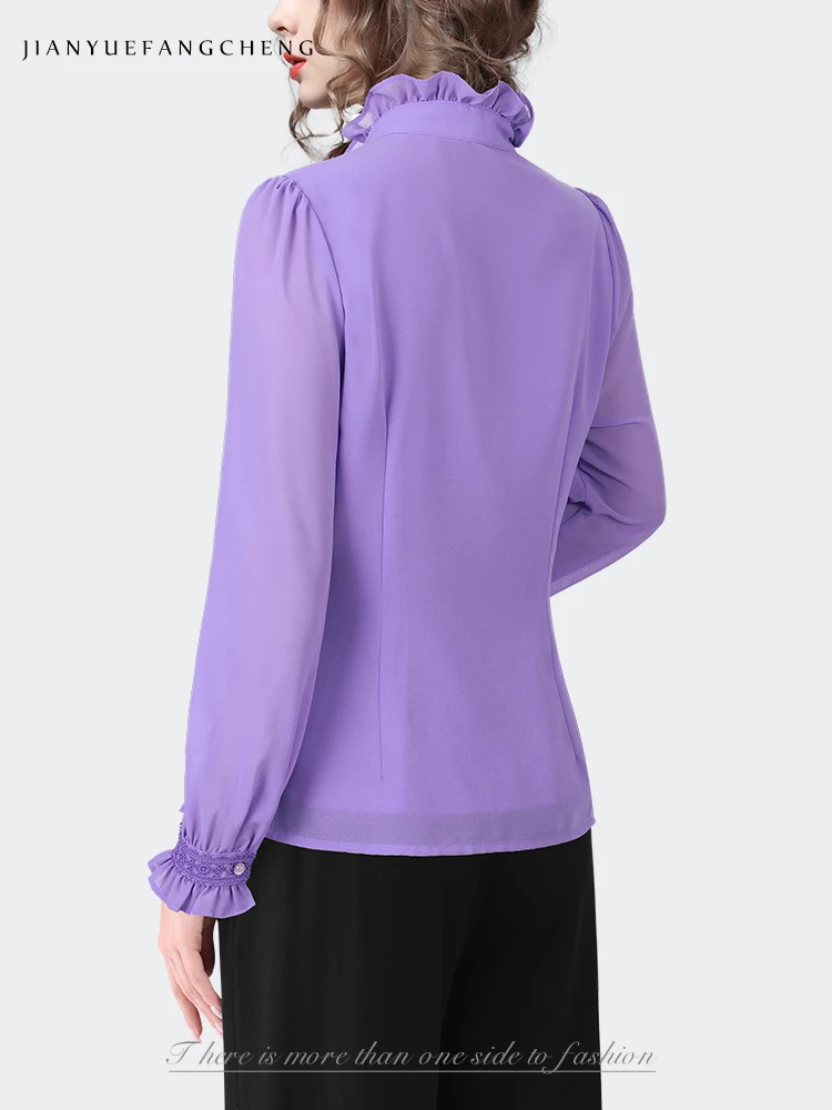 2024 Spring New Women Purple Ruffles Blouse Long Sleeve Lace Top Elegant Slim Office Ladies Work Casual Shirts