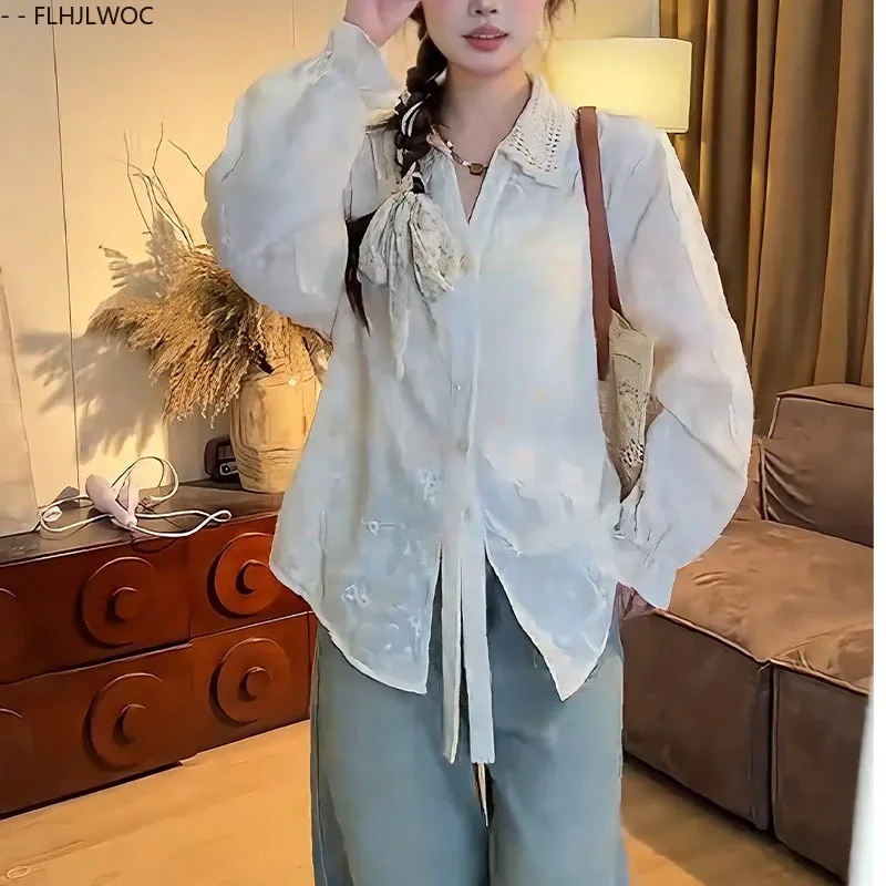 Mori Meisjes Zuid-Korea Leuke Zoete Borduren Tops Vrouwen FLHJLWOC Preppy Stijl Datum Meisjes Vintage Kant Transparante Shirts Blouses