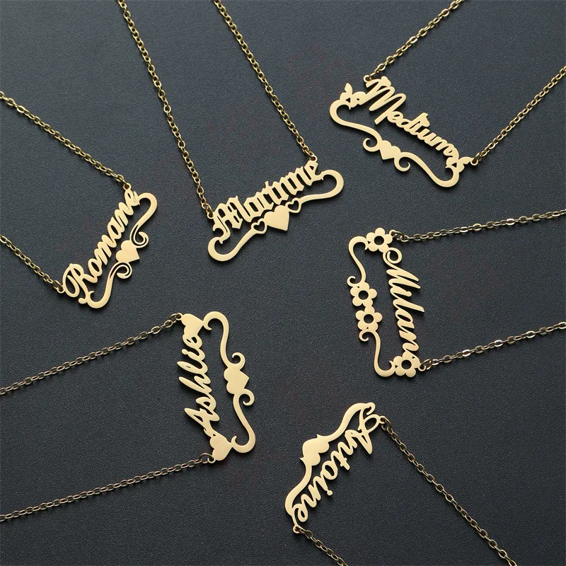 Personalized Double Name Stainless Steel Necklace Customized Jewelry Gift Gold Color Chain Heart Love Pendant for Women