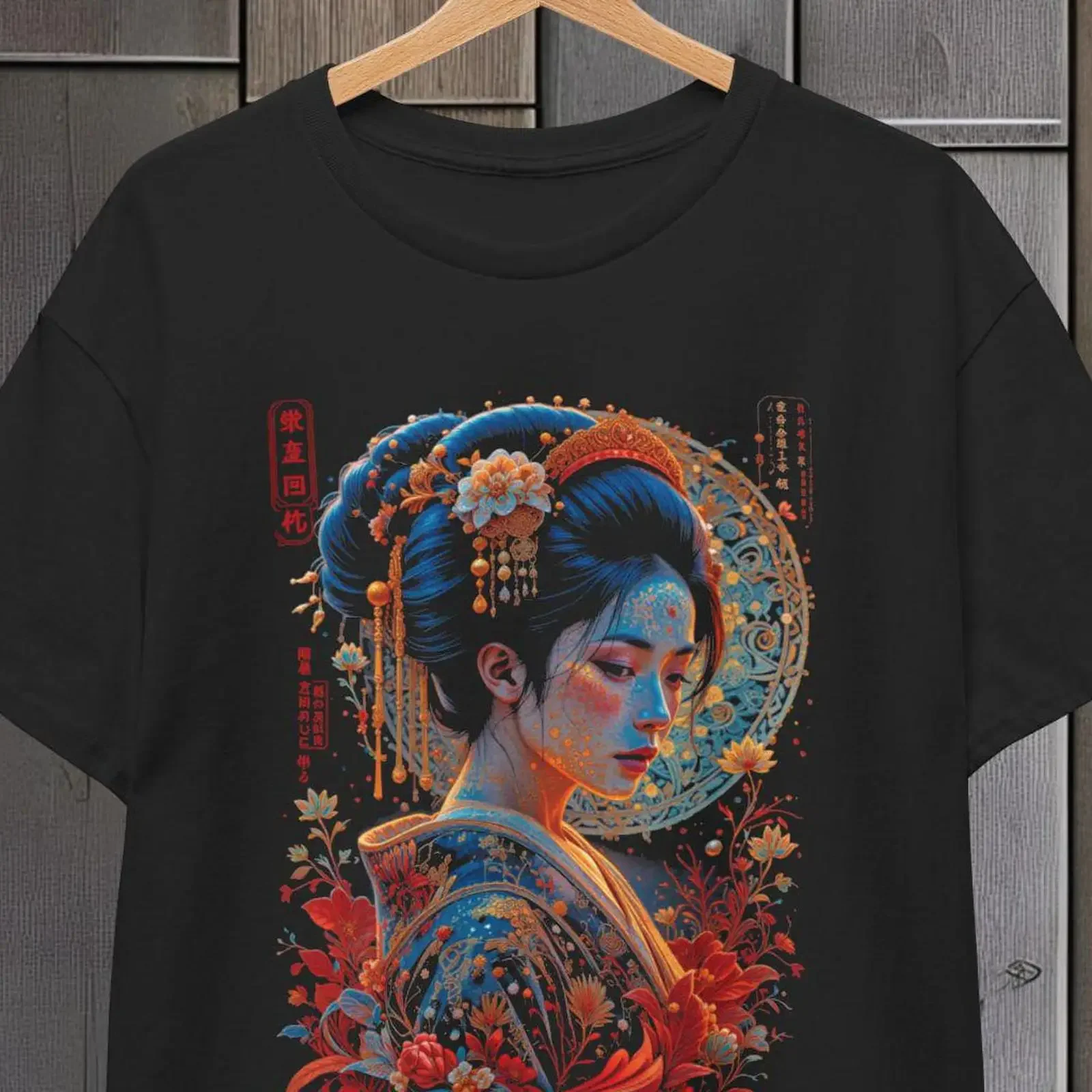 Vibrant Japanese Geisha Art T Shirt Asian Culture Iridescent Print Soft Cotton Casual vintage Washed Top For Everyday Wear