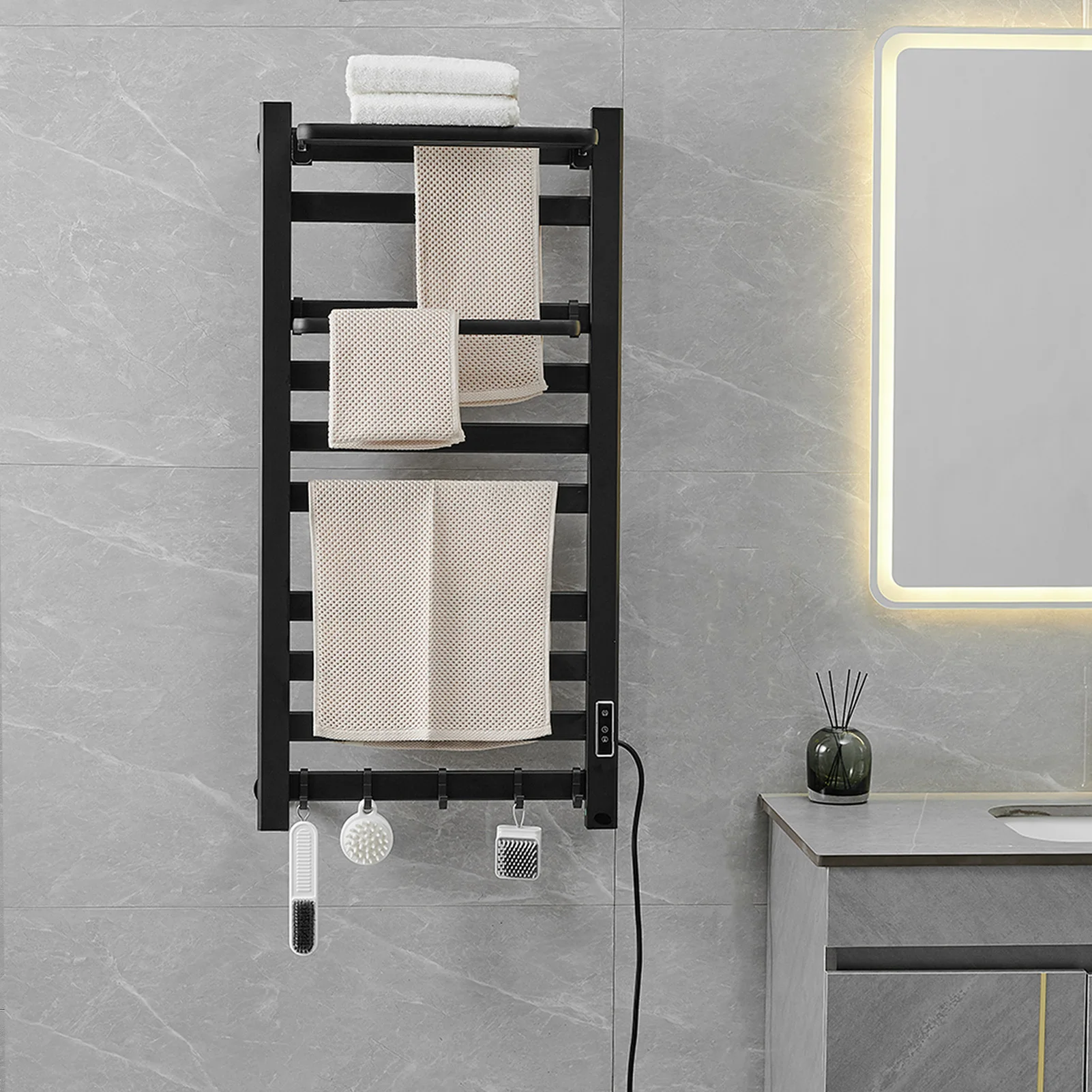 Black Electric Heating Towel Rack Thermostatic Dry Bathroom Touch Digital Display Towel Wall Mounted Saving Electric