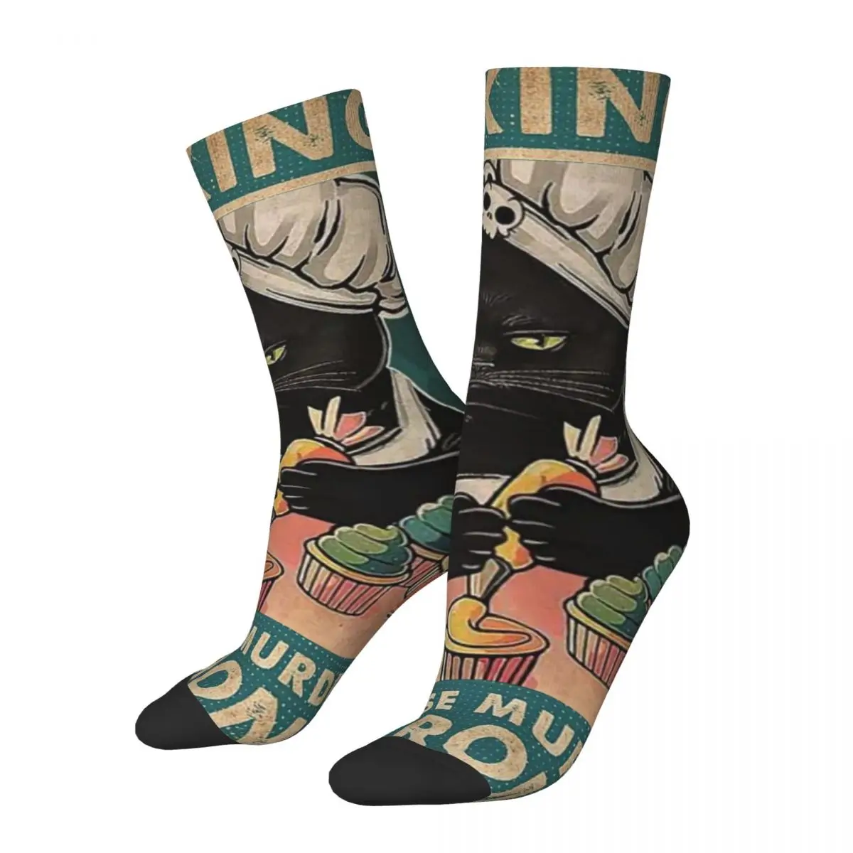 Hip Hop Retro Baking Because Murder Is Wrong Tattooed Crazy Men\'s Socks Unisex Black Cat Harajuku Seamless Printed Crew Sock