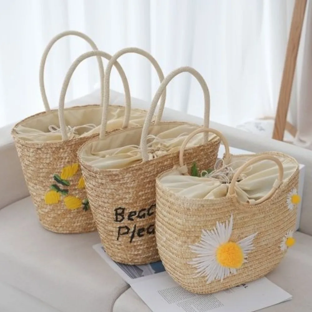 

Fashion Handmade Grass Woven Tote Bag Straw Woven Solid Color Embroidery Handbag Hollow Large Capacity Beach Shoulder Bag Travel