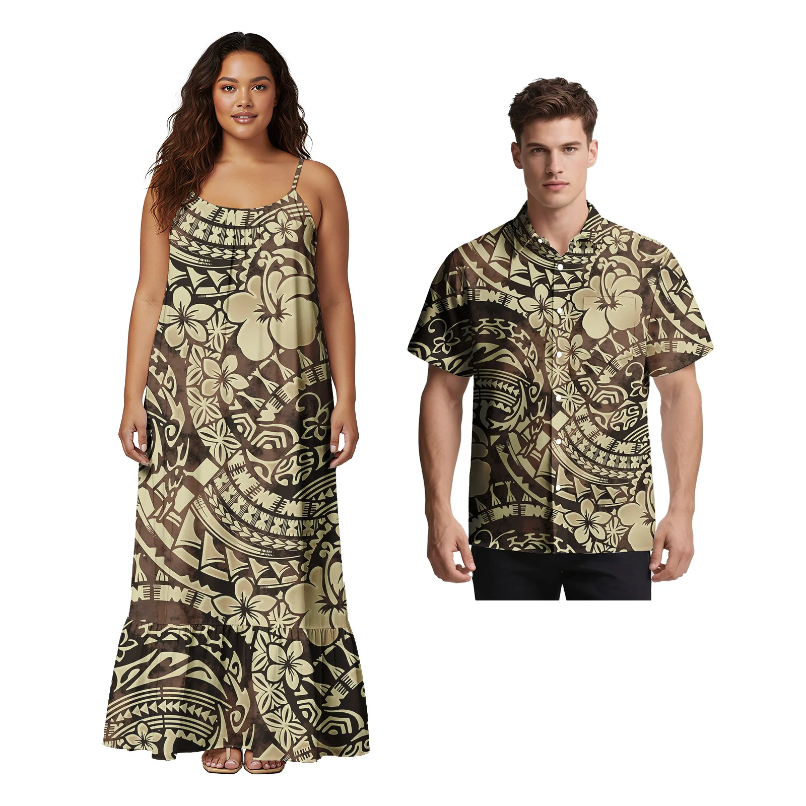 

Retro Style Custom His-and-Hers Clothes Men Pocket Aloha Shirts Women Polynesian Dresses Samoan Tribal Design Couple 2 Piece Set