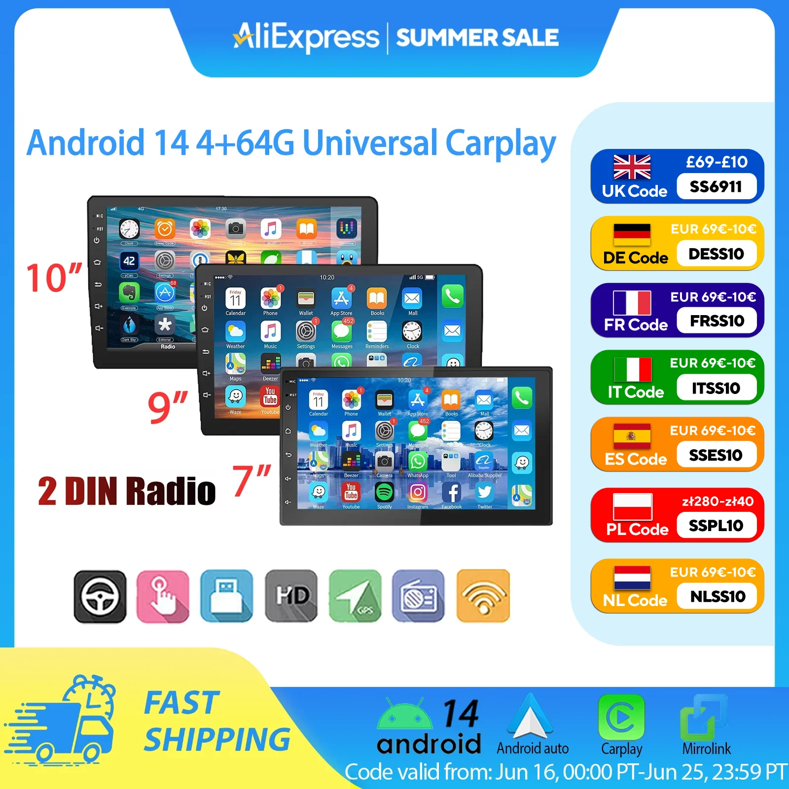 

ESSGOO 2 Din Universal Android 14 7 9 10 inch Car Radio GPS Nav Carplay Android Auto For Tesla Nissan Hyundai Toyota VW WIFI BT