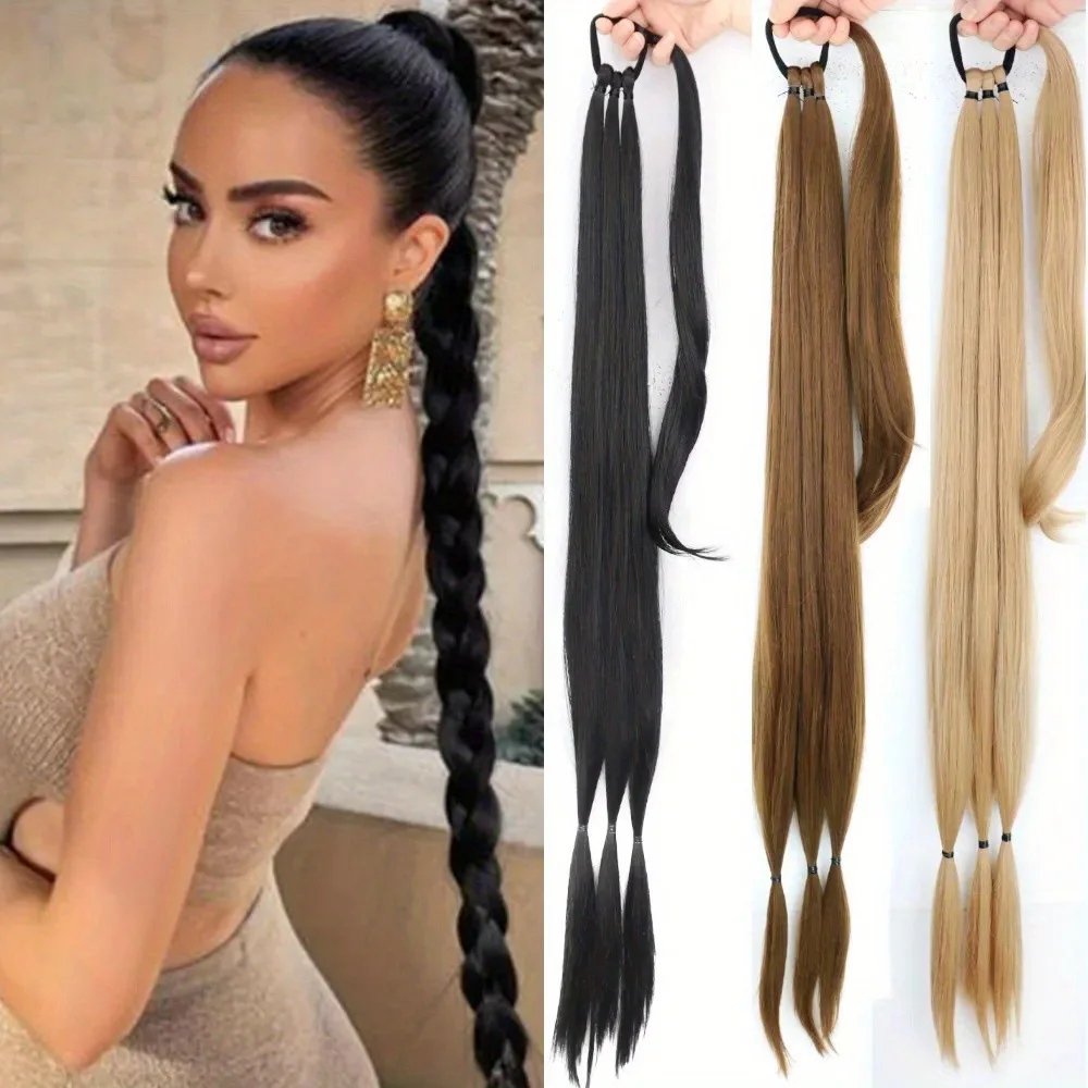 Synthetic Braided Ponytail Elastic Rubber Band Tied Women's Ponytail Accessories Natural Hair Extension Kinky Straight Ponytail