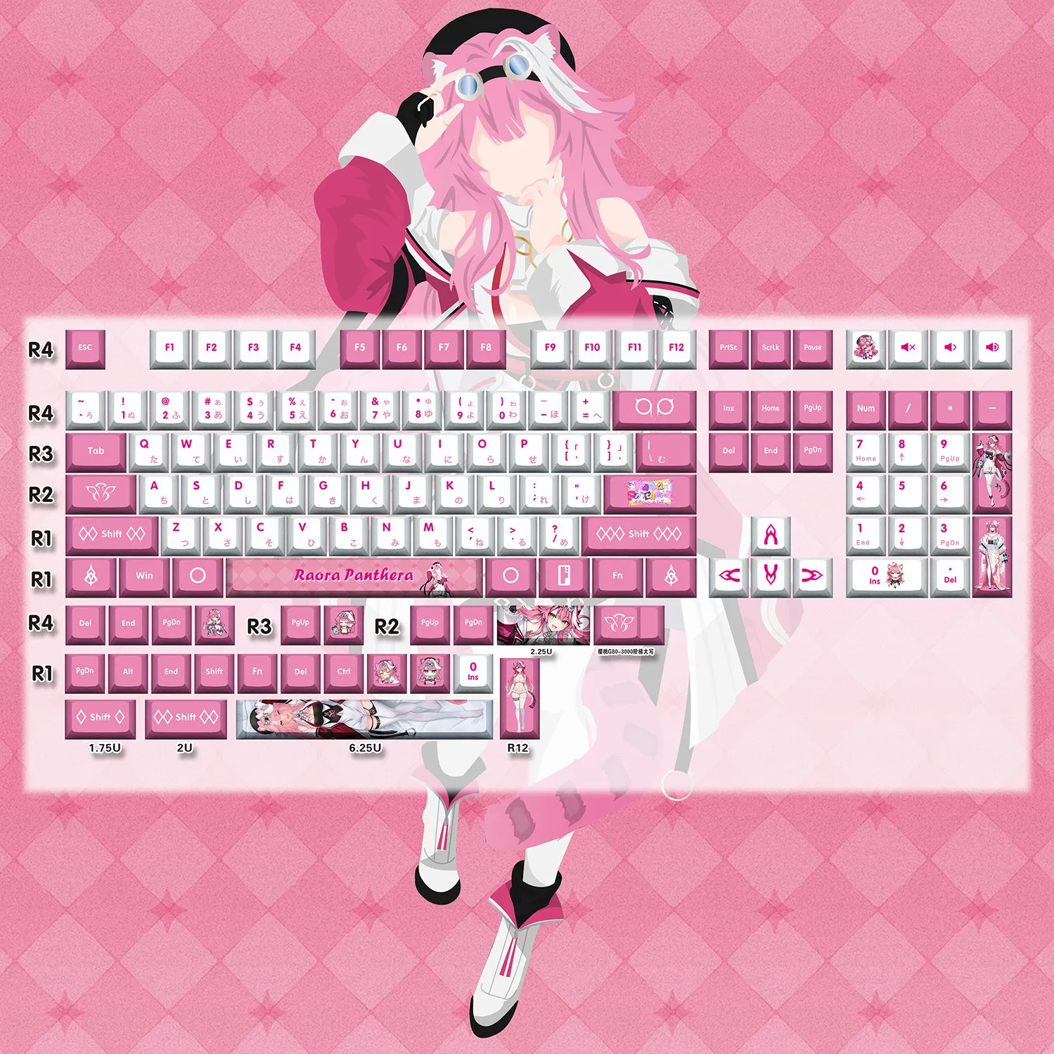 Raora Panthera 128 Key Cap Vtuber PBT DYE Sublimation Cherry MX Cross Axis Switch Keycap for Mechanical Keyboard Game Otaku Gift