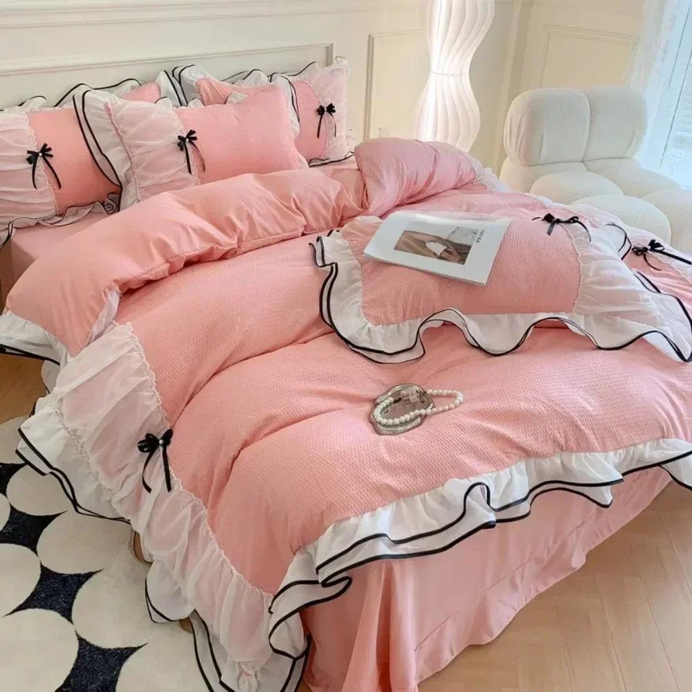 

Princess Korean Style Bedding Sets with Bow Pink Girls Double Queen Size Duvet Cover No Filling Flat Sheet Pillowcases Kit