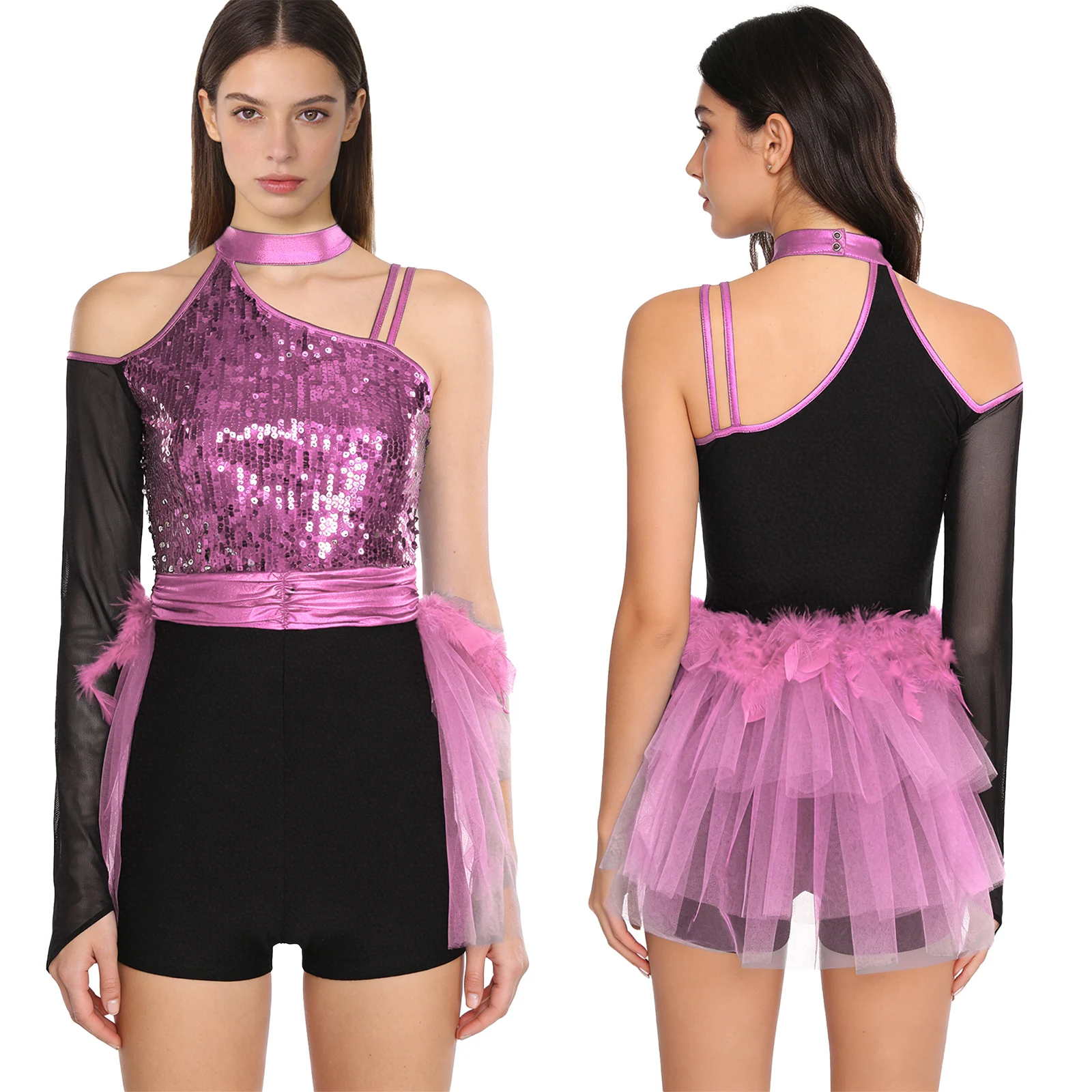 

Женский костюм для латинского джазового танца, ча-ча, самбы, катания на коньках, гимнастике, костюм для выступлений, прозрачная сетка на одно плечо, боди-пачка с блестками и перьями