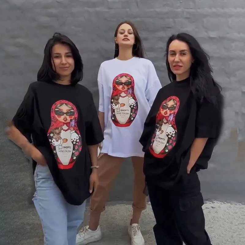 Funny Graphic Tees Oversized Summer O Neck Casual Streetwear T Shirt Women Black Short Sleeve Top Long Chic Basic Clothes