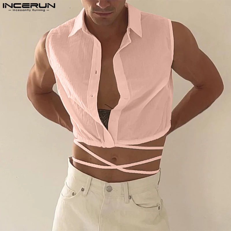 INCERUN Men Shirt Lapel Sleeveless Solid Button Down Lace Up Backless Crop Tops Men Streetwear 2023 Sexy Fashion Camisas S-5XL