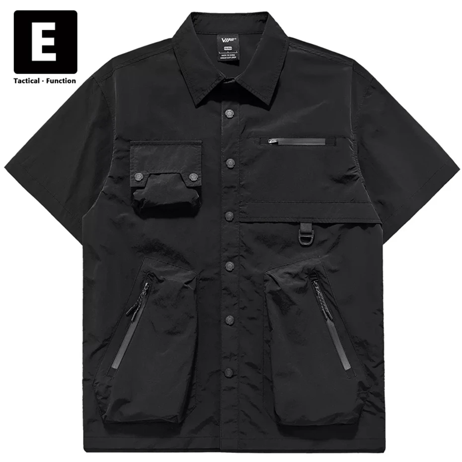 

Black Techwear Cargo Shirt Men Spring Summer Short Sleeve Shirts Jackets Pocket Patchwork Shirt Male Streetwear