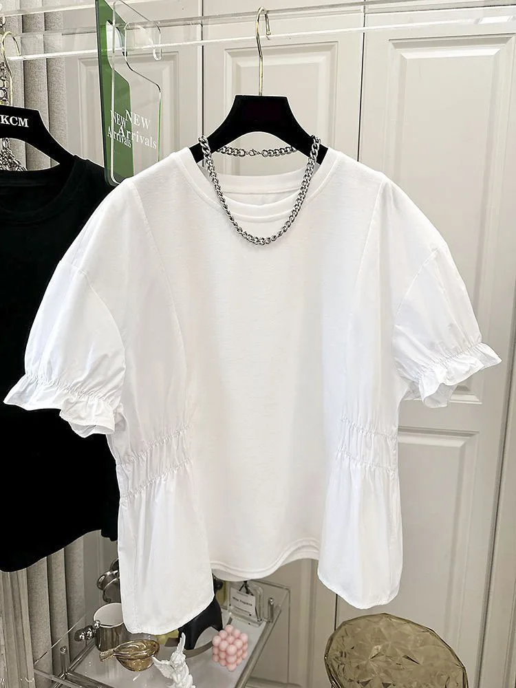 White Korean Fashion Basic Comfortable Elegant Shirt Puff Sleeve Short Sleeve Vintage Girls Casual Basic Tshirts Short Tops