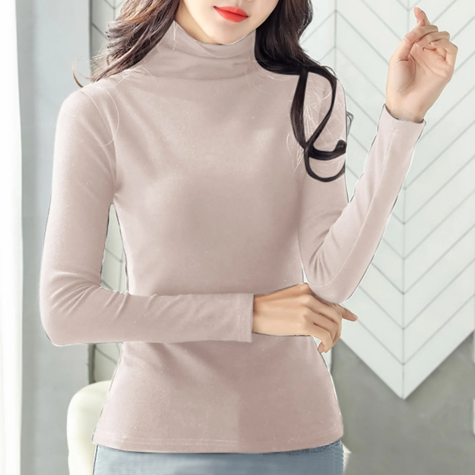 

Autumn And Winter High Neck Plus Velvet Base Shirt Women Long Sleeve Solid Color Korean Version Of Women'S Warm Slim T-Shirt